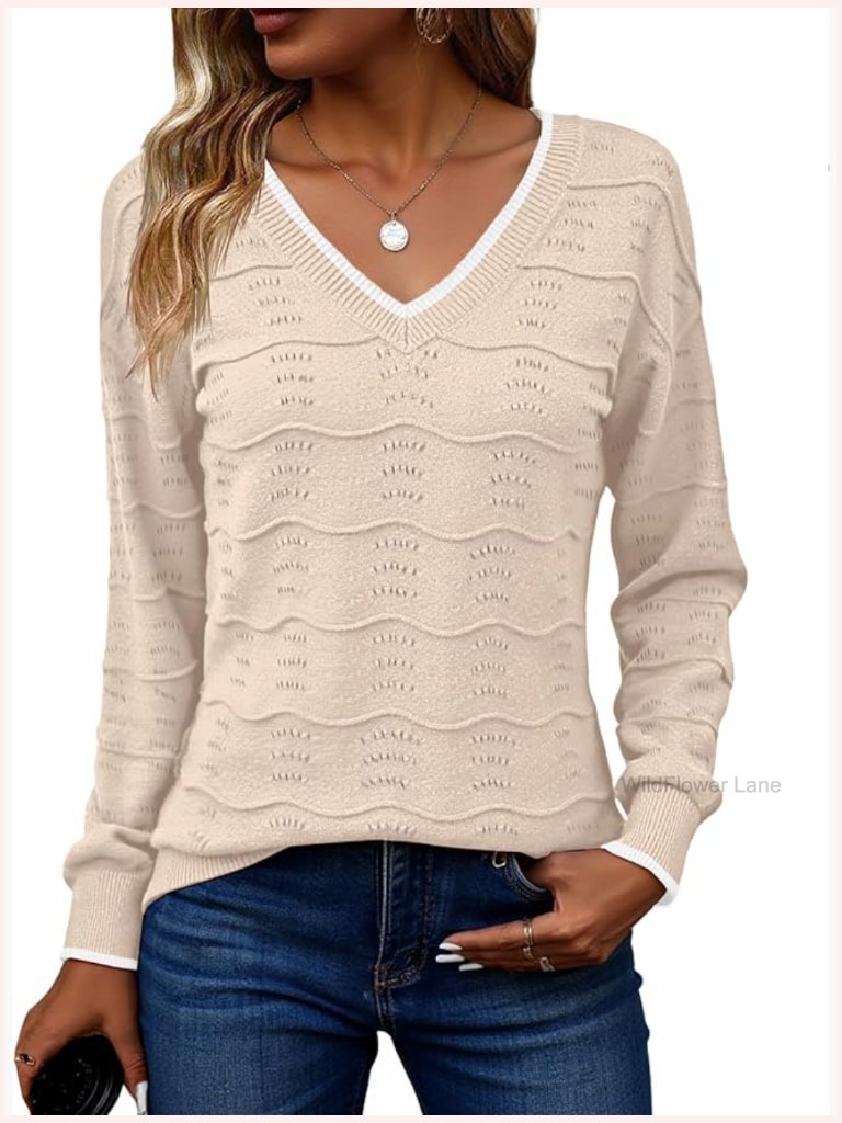 Womens Fall Casual Long Sleeve V Neck Lightweight Crochet Knit Pullover Sweater